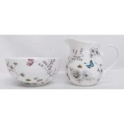 Image of Rainbow Decors Secret Garden Cream/Milk Jug and Sugar Bowl Fine Bone China Flowers Butterflies &amp; Bees Matching Set Hand Decorated in UK, Grey