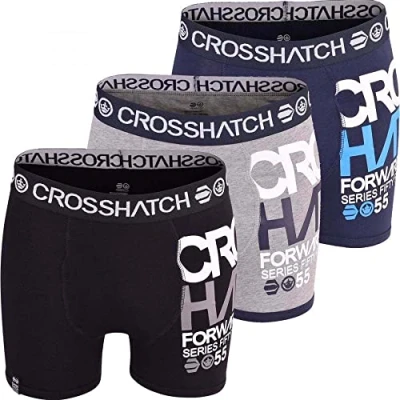 Image of Crosshatch Mens Boxer Shorts Multipack of 3 Designer Underwear Trunks 95% Cotton Boxers for Men, Black Grey Blue, S