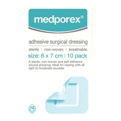 Image of MEDPOREX Adhesive Surgical Dressing 6x7cm sterile, Non Woven and Breathable (10 Pack). Designed for Treating Low exuding Wounds Such as incisions, Minor, cuts abrasions.