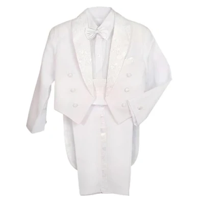 Image of Lito Angels Boys&#039; 5 Pcs Set Formal Tuxedo Suit with Tail Baptism Christening Outfit Pageboy Suits, 2 Years, White (With Cummerbund)