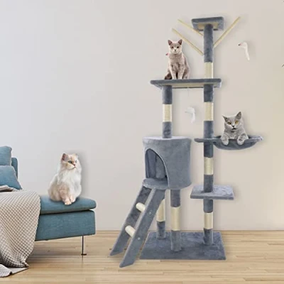Image of Cat Tree Tower with Sisal, 140cm Scratching Post, Indoor Activity Center Pet House for adult cats, Condo Furniture hanging toys, Grey