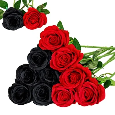 Image of Floralsecret 12 Pcs Artificial Silk Roses Flower Bouquet Faux Flowers Home Wedding Party Decor(Black,Red)