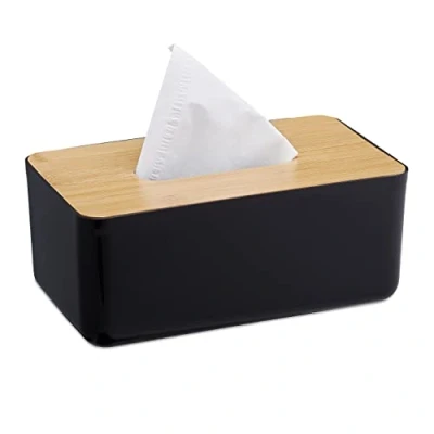 Image of Relaxdays Tissue Box, Refillable, Bathroom, Napkin Dispenser, Bamboo Lid, Plastic, 10 x 23 13 cm, Black/Natural, 70% 30%