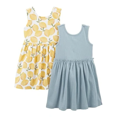 Image of Simple Joys by Carter&#039;s Girl&#039;s Short Sleeve and Sleeveless Dress Sets, Pack of 2 Playwear, Dusty Blue/White Lemon, 12 Months