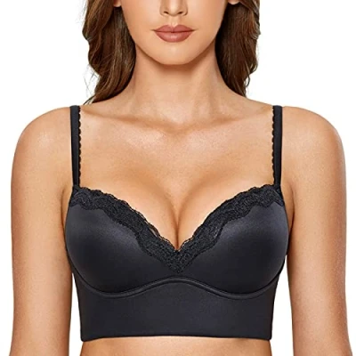 Image of DOBREVA Women&#039;s Push Up Bra Padded Wireless Floral Lace Bralette Longline Support Bras Black 34D