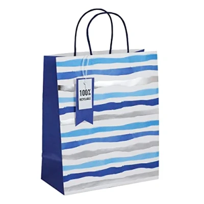 Image of Eurowrap Striped Mens White Kraft Paper Gift Bag with Tag Made from 100% Recycled Blue and Silver Fathers Day Birthday Occassions Large Size