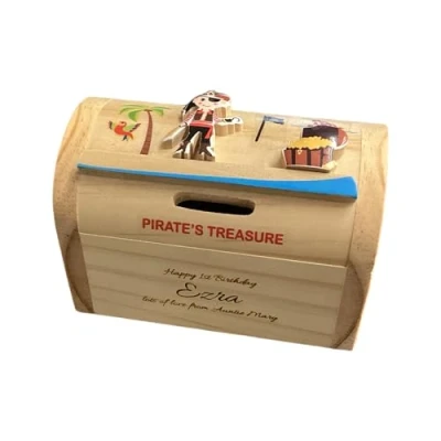 Image of Personalised Wooden Pirate Design Money Box Engraved With Any Name/Message