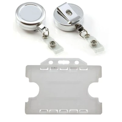 Image of Customcard ltd® Chrome Heavy Duty Badge Pull Retractable Reel With Opaque Double ID Card Holder Pack of 2