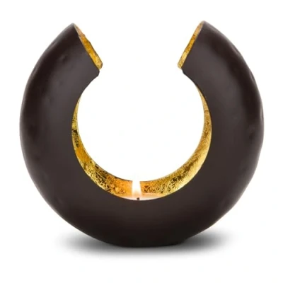 Image of visuals Tealight Holder, Small Brown Matte Metal with Gold Leaf Lining, 11 x 6.5 12 cm