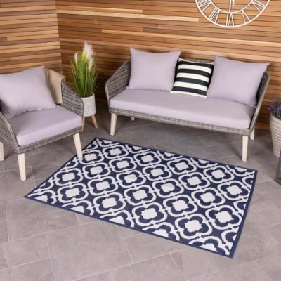 Image of Charles Bentley Blue Patterned Lightweight Weatherproof Indoor/Outdoor Rug Plastic Garden UV Resistant Recycled Material Mat For Balcony Beach BBQ And More (120x170cm)