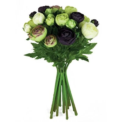 Image of FloristryWarehouse Artificial silk flowers Ranunculus arrangement Aubergine Cream Green 15 stems 33cm