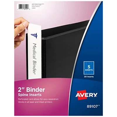 Image of Avery Binder Spine Inserts, for 2 Inch Ring Binders with 2.8&quot; Width, 20 Cardstock View ID Inserts (89107)