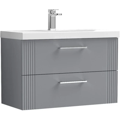 Image of nuie DPF295A Deco Modern Bathroom Wall Hung 2 Drawer Part Fluted Vanity Unit with Mid Edge Ceramic Basin, Satin Grey