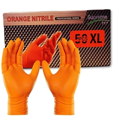 Image of Supreme TTF Extra Strong 8.0 mil Thickness Orange HD Nitrile Powder Free &amp; Latex Diamond Grip Gloves Box of 50 (Orange, Medium (Size 8))