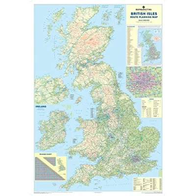 Image of UK Roads Wall Map Large Laminated And Aluminum Framed 120cm X 83cm Clearly Shows Motorways, A Roads, B Minor Postcode Areas, London Inset With M25