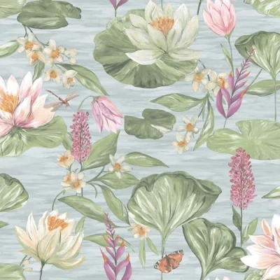 Image of Holden Rural Paradise Lily Pad Wallpaper Modern for Living Room, Bedroom, Fireplace Decorative Luxury Floral Wall Paper with Marsh &amp; Pond Pattern (Blue)