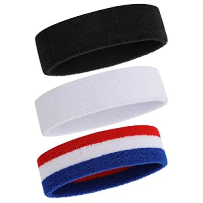 Image of ONUPGO Sweatband Headband for Men &amp; Women 3PCS Sports Headbands Moisture Wicking Athletic Cotton Terry Cloth Sweat Absorbing Head Band
