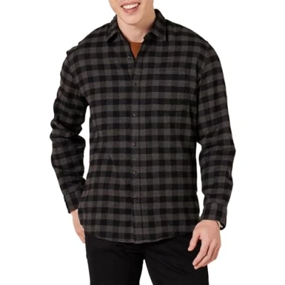 Image of Amazon Essentials Men&#039;s Long Sleeve Flannel Shirt (Available in Big &amp; Tall), Charcoal Buffalo Plaid, L