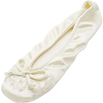 Image of Isotoner Women&#039;s Satin Ballerina Slippers with Embroidered Pearl Ballet Flat, Ivory, 6/7 UK