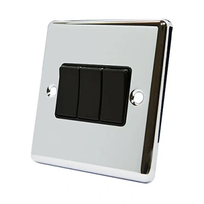 Image of AET CPC3GSWIBL Polished Chrome Classical Black Insert Plastic Rocker Switches 10 Amp Triple 3 Gang 2 Way Light Switch