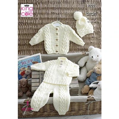 Image of King Cole 5222 Knitting Pattern Baby Sweater Cardigan Trousers and Hat in Comfort Aran