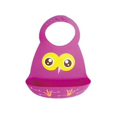 Image of Waterproof Baby Silicone Bibs, Treer Soft Adjustable Roll up Feeding Bibs Drool Wipe Clean with Food Catcher Pocket for Infants Toddlers (30x23cm,Rose Owl)