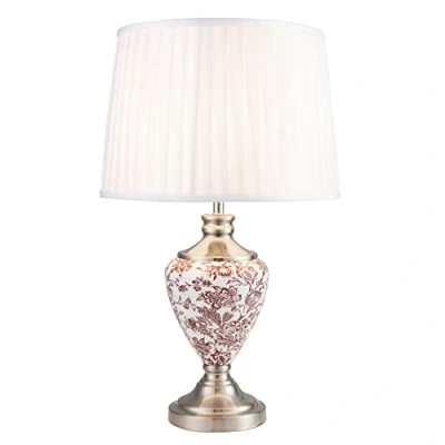 Image of Lighting Supermarket Hepburn Large Printed Ceramic Table Lamp with Ivory Pleated Shade Red Print &amp; Silver