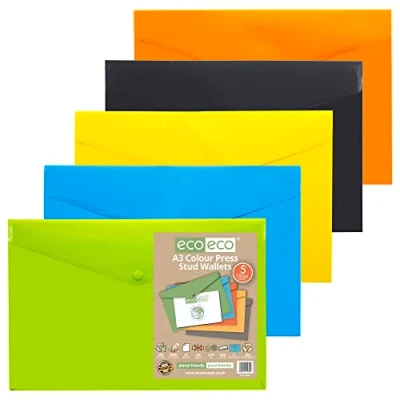 Image of eco A3 50% Recycled Assorted Colours Press Stud Popper Wallet, Plastic Folders (Pack of 5) eco080