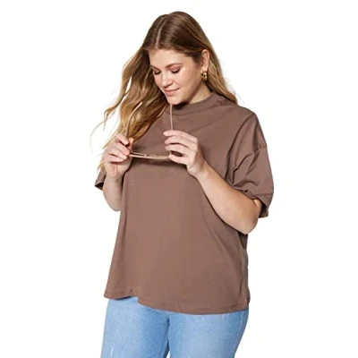 Image of Trendyol Women Oversize Basic Crew Neck Knit Plus Size T Shirt,Brown,3XL