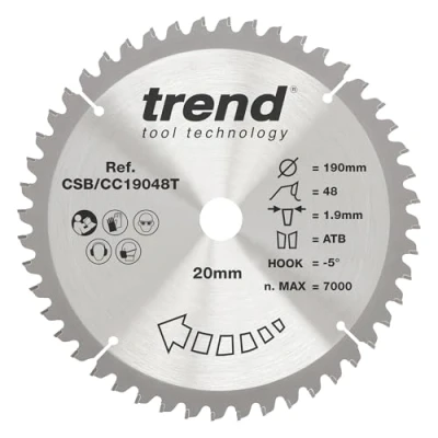 Image of Trend Wood Cordless Mitre Saw Blade, 190mm Diameter, 20mm Bore, 48 Teeth, TCT, 1.9mm Kerf, 5 Hook, CSB/CC19048T
