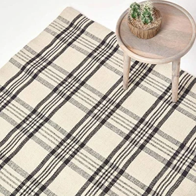 Image of HOMESCAPES Tartan Rug Handwoven White &amp; Black 100% Wool Non Slip Rug, &#039;Logan&#039; Check 70 x 120 cm