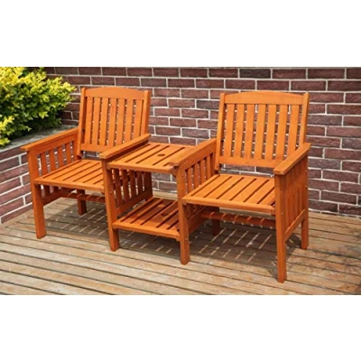 Image of WestWood BIRCHTREE Outdoor Garden Love Duo Seat Patio Bench Couples Companion Yard 2 Seater Chair Twin With Table Set Parasol Hole Pool Wooden Furniture LS02 Natural
