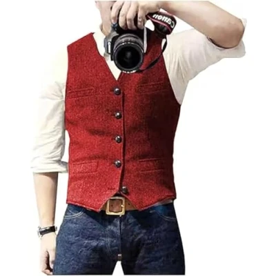 Image of Solovedress Mens Vintage Waistcoat Tweed Wool Regular Fit Suit Vest for Wedding Groomsmen(Red,XS)