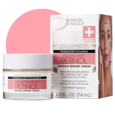 Image of Encapsulated Retinol Anti Wrinkle Cream Natural Face Lotion for Expression Lines, Crepey Skin, Large Pores, Uneven Skin Tone, Deep Wrinkles Hydrating Night by Advanced Clinicals, 2 Fl. Oz