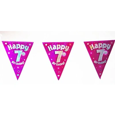 Image of Happy 7th Birthday Flag Bunting Age Girls Pink Kids Banner Partyware Decorations