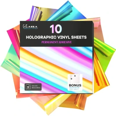 Image of Kassa Permanent Holographic Vinyl Sheets (10 Pack, 12 x Inch) Color Changing Opal Self Adhesive Craft Bundle Includes Bonus Transfer Tape Compatible With All Cutting Machines