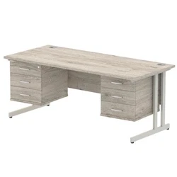 Image of Impulse 1800x800 Desk Grey Oak Cantilever Leg + 2x Fixed Pedestal