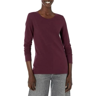 Image of Amazon Essentials Women&#039;s Classic Fit Long Sleeve Crewneck T Shirt (Available in Plus Size), Burgundy, S