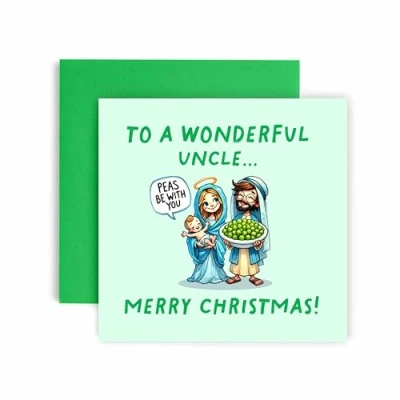 Image of Huxters Christmas Cards for Men Peas be with you Mary Jesus Uncle Card him Funny Holiday Fun 14.8cm (Uncle)