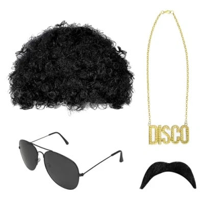 Image of SKHAOVS 4 Pcs Hippie Costume Set, 60s 70s Hippy Fancy Dress Mens Accessories, Funky Afro Wig, Wig Disco Sunglasses Necklace Fake Mustache (4 Pcs)