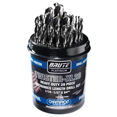 Image of Champion Cutting Tool Brute Platinum 29 Piece 1/16 1/2&quot; x 64ths HSS Mechanics Length Twister XL28 Drill Bit Set 135 Degree Split Point, Water Resistant Index MADE IN USA