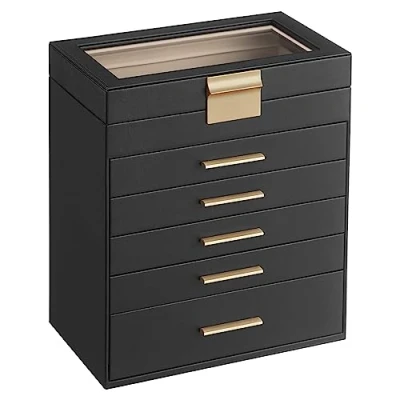 Image of SONGMICS Jewellery Box with Glass Lid, 6 Tier Organiser, 5 Drawers, for Sunglasses, Big Jewellery, Storage, Modern Style, Graphite Black and Gold Colour JBC171B01