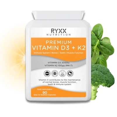 Image of Premium Vitamin D3 3000iu &amp; K2 100ug (MK7) High Strength 90 Vegetarian Capsules Made in The UK by RYXX