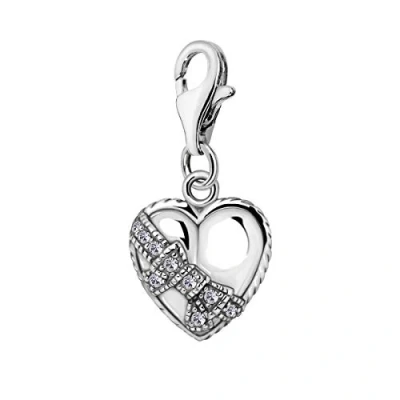 Image of Quiges 925 Sterling Silver White Cubic Zirconia 3D Heart Ribbon Lobster Clasp Charm Clip on Pendant