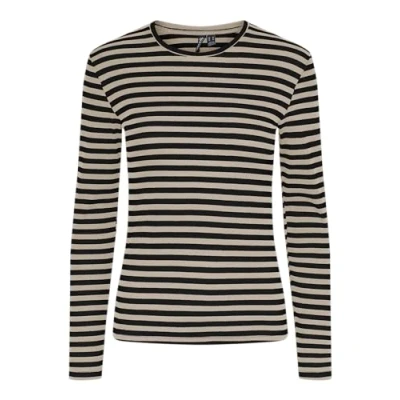 Image of PIECES Women&#039;s Pcruka Ls Top Noos Bc Longsleeve T Shirt, Silver Mink/Stripes: Black, S