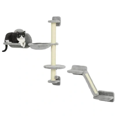 Image of PawHut Three Piece Wall Mounted Cat Shelves, with Hammock, Cloud Shaped Jumping Platform, Ladder, Scratching Post, Furniture Play Ball for Large Cats Grey