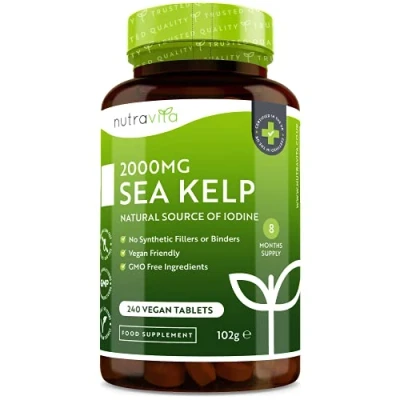 Image of Sea Kelp 2000mg Natural Source of Iodine Normal Cognitive Function, Energy Yielding Metabolism, Nervous System Skin and Production Thyroid Hormones 8 Month Supply Nutravita