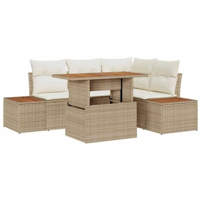 Image of vidaXL 5 Piece Garden Dining Set with Cushions Beige Poly Rattan Acacia