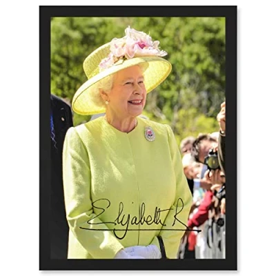 Image of Artery8 The Queen In Yellow Elizabeth II Signature Photo Artwork Framed Wall Art Print A4