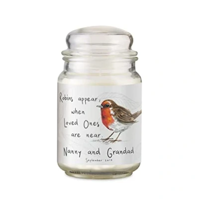Image of CalEli Gifts Personalised Memorial Candle. Robins Appear Large Scented Glass Jar Candle, 5056686709312